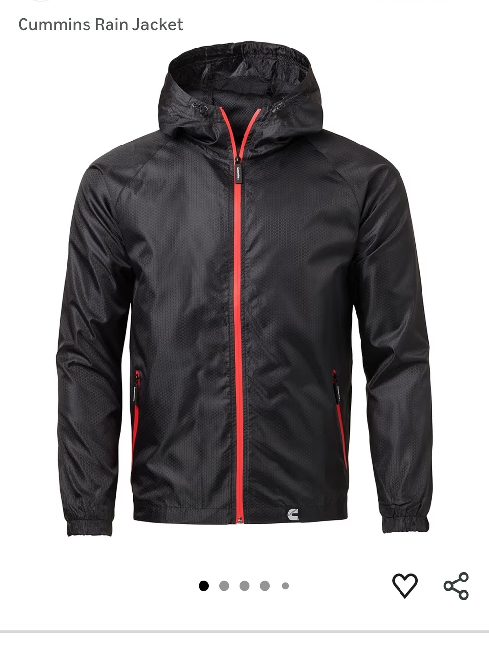 "Cummins Brand" Men’s Black Rain Jacket with Red Trim